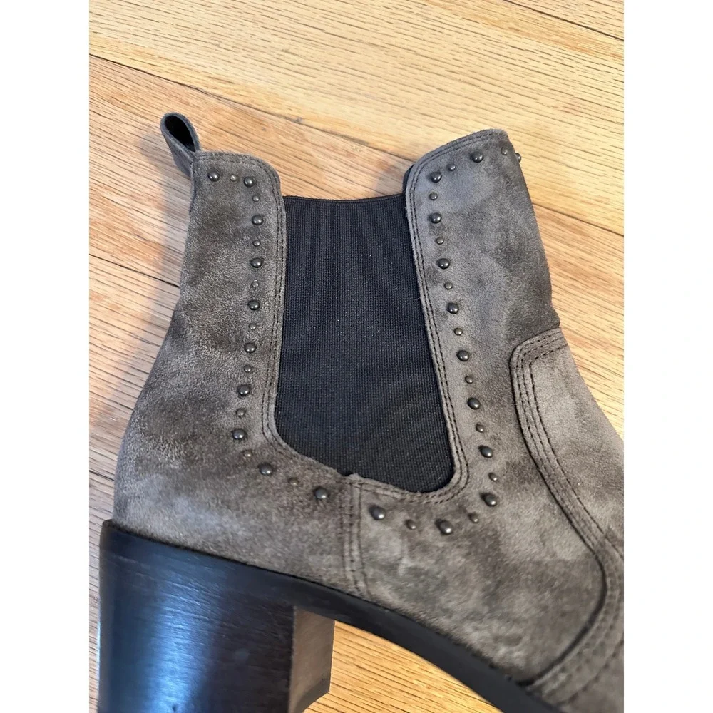Paul Green Taupe Suede Studded Chelsea Ankle Boots Block Heel Pointed Toe 7.5